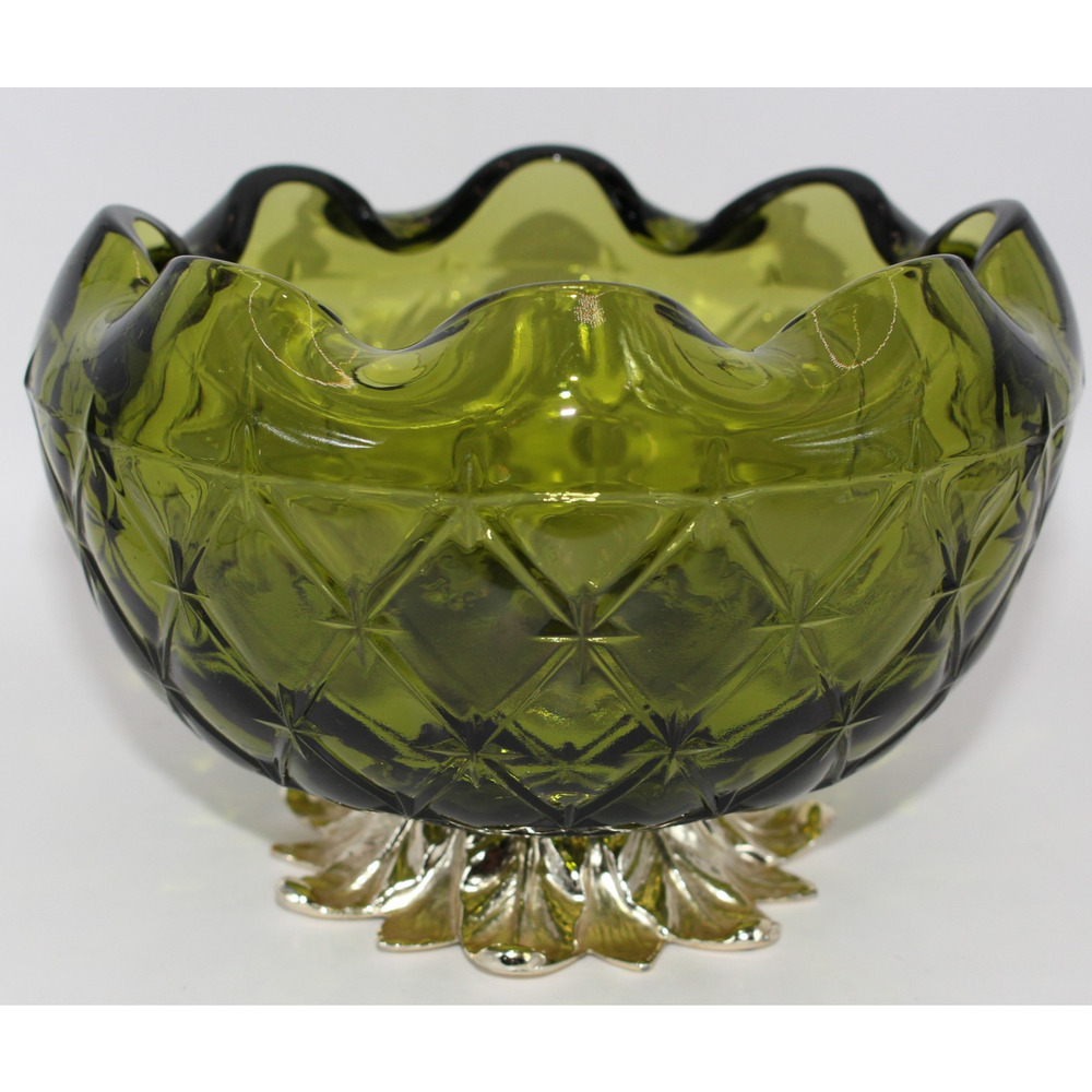 Vtg. Indiana Glass Avacado Green Diamond Quilted Pedistal Candy Bowl Metal Base